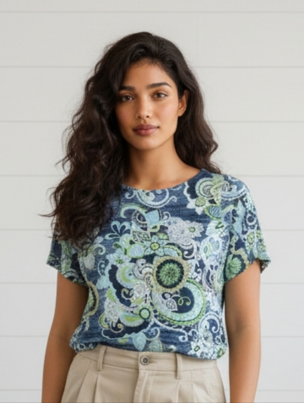 Chico's Retro Floral Top XS Psychedelic 70s Revival Boho Knit Tee Blue Art Chic